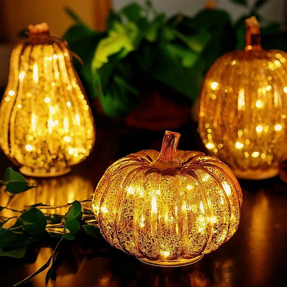 Glass Pumpkin Lamp Hand-Blown Battery-Powered With Timer