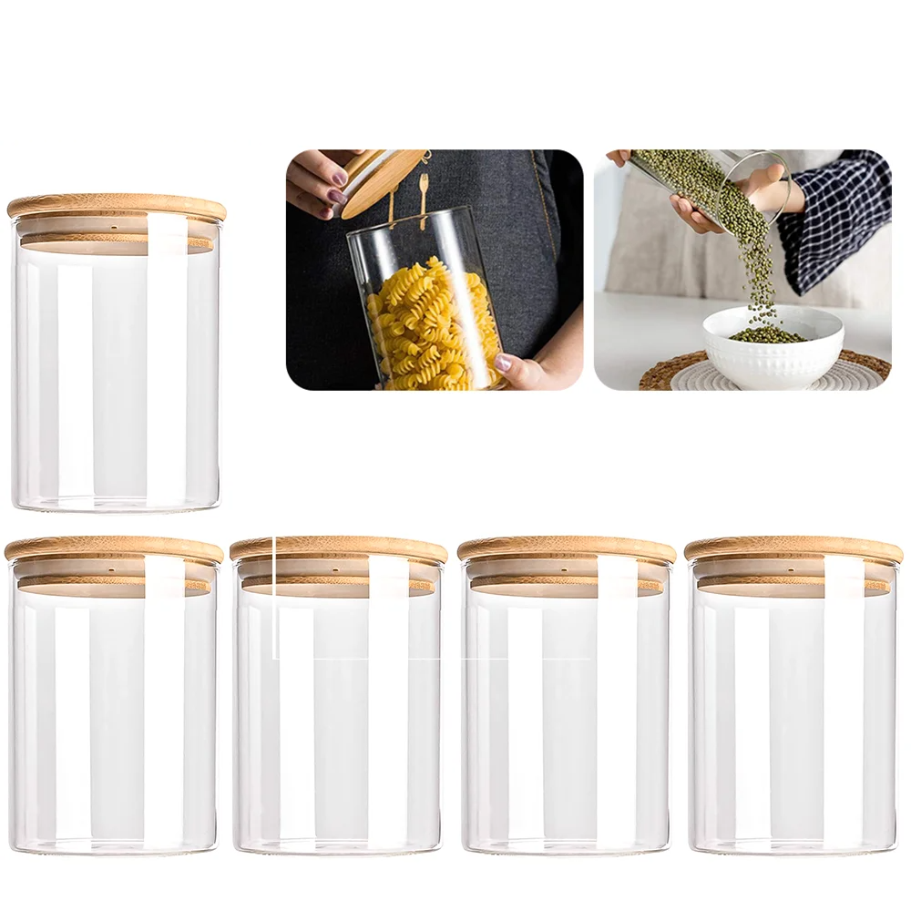 Glass Storage Jars Airtight Wooden Lids Set of 5
