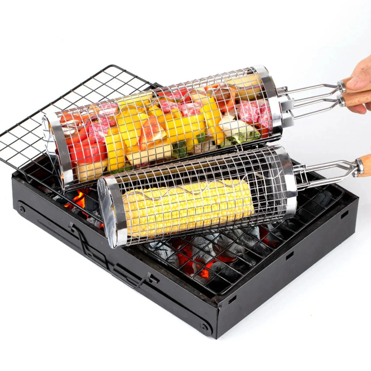 Grill Basket 360-Degree Rotating Stainless Steel & Wooden Handle