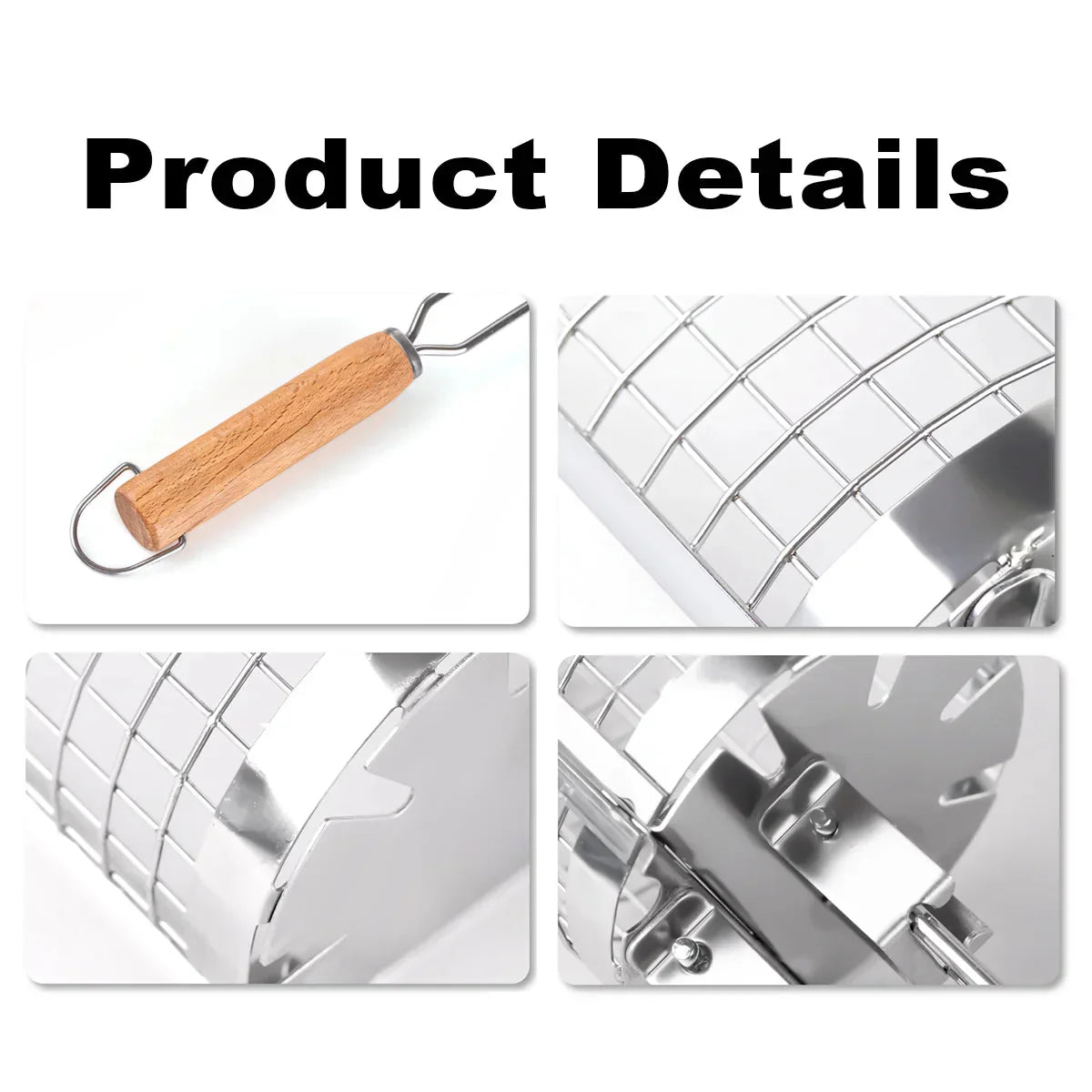 Grill Basket 360-Degree Rotating Stainless Steel & Wooden Handle