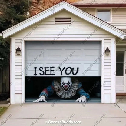 Halloween Garage Door Cover Peeking Clown Design Opens Normally