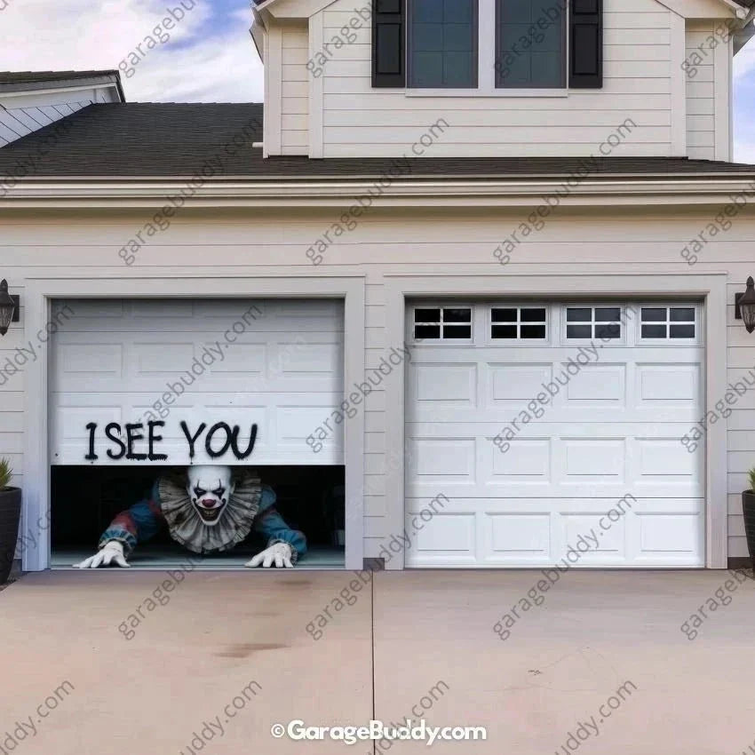 Halloween Garage Door Cover Peeking Clown Design Opens Normally