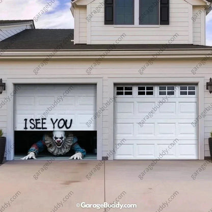 Halloween Garage Door Cover Peeking Clown Design Opens Normally