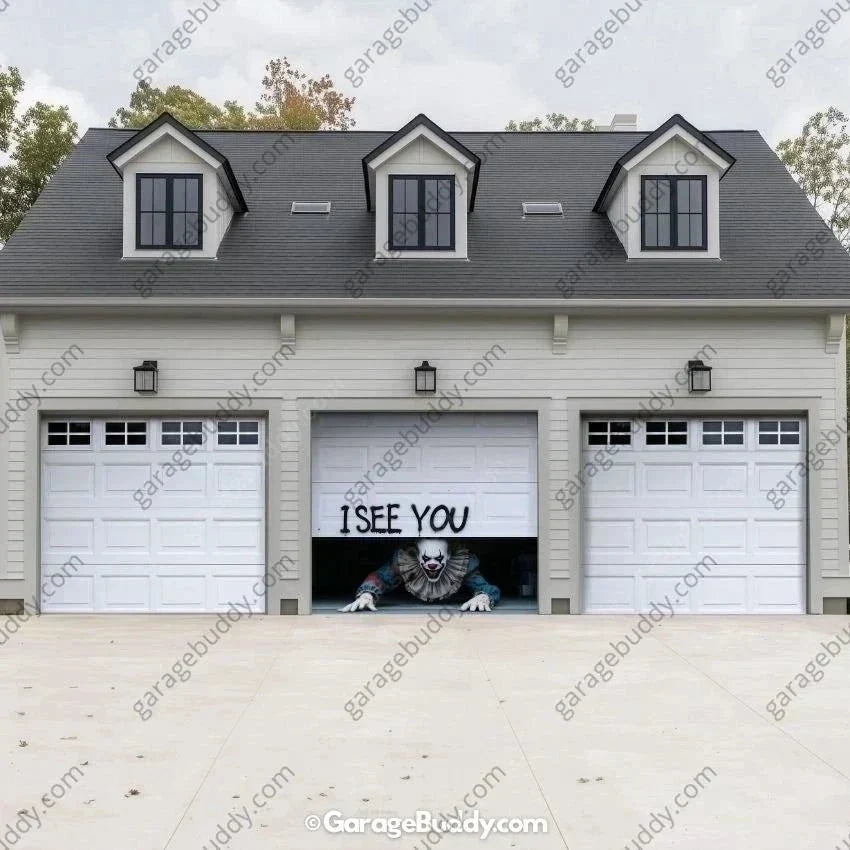 Halloween Garage Door Cover Peeking Clown Design Opens Normally