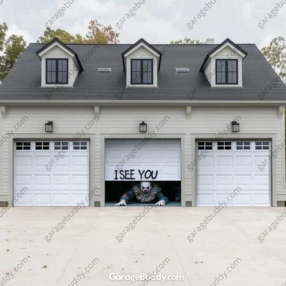 Halloween Garage Door Cover Peeking Clown Design Opens Normally