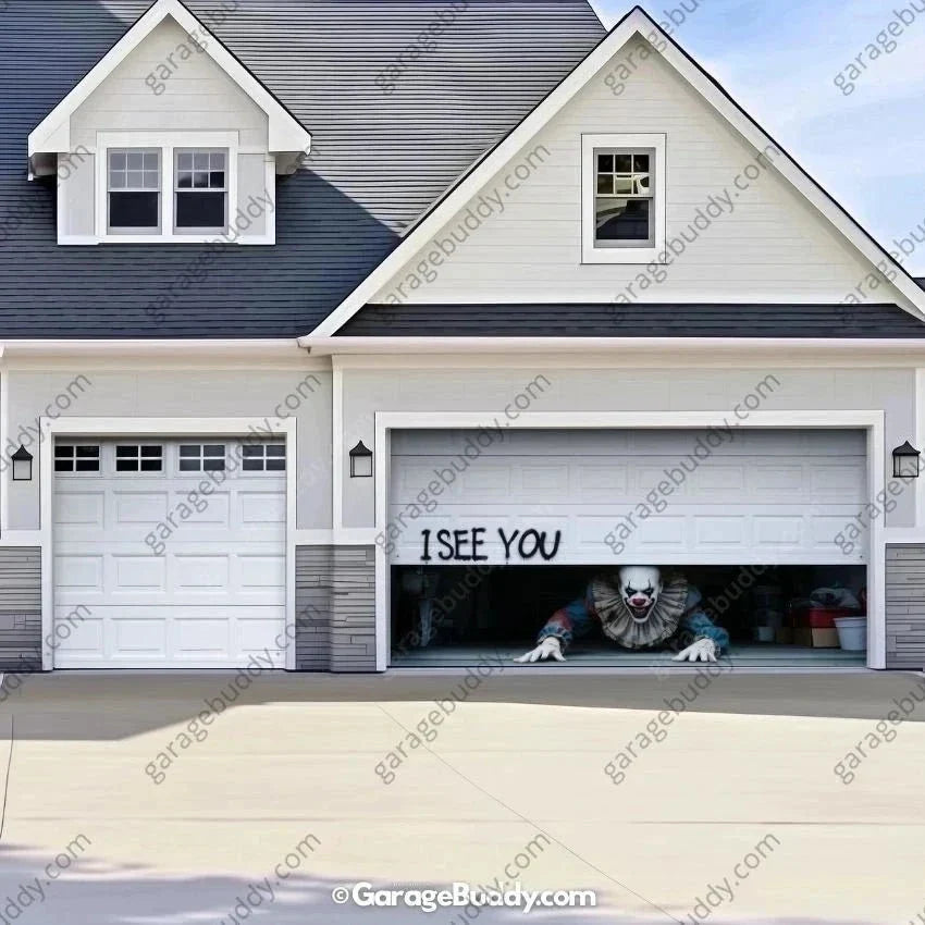 Halloween Garage Door Cover Peeking Clown Design Opens Normally