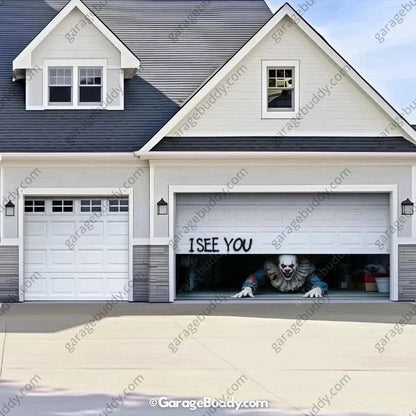 Halloween Garage Door Cover Peeking Clown Design Opens Normally