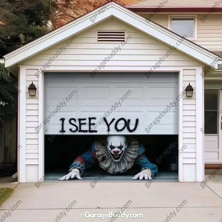 Halloween Garage Door Cover Peeking Clown Design Opens Normally