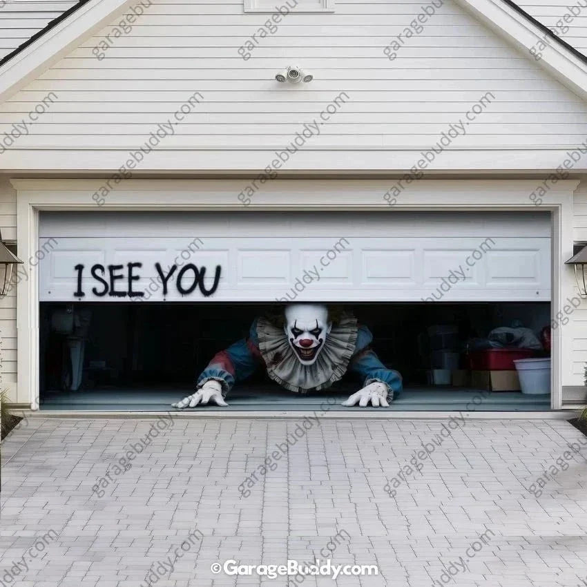 Halloween Garage Door Cover Peeking Clown Design Opens Normally