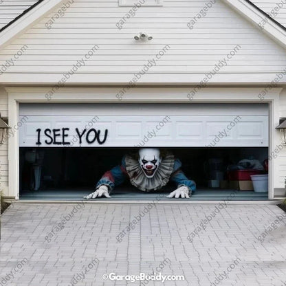 Halloween Garage Door Cover Peeking Clown Design Opens Normally