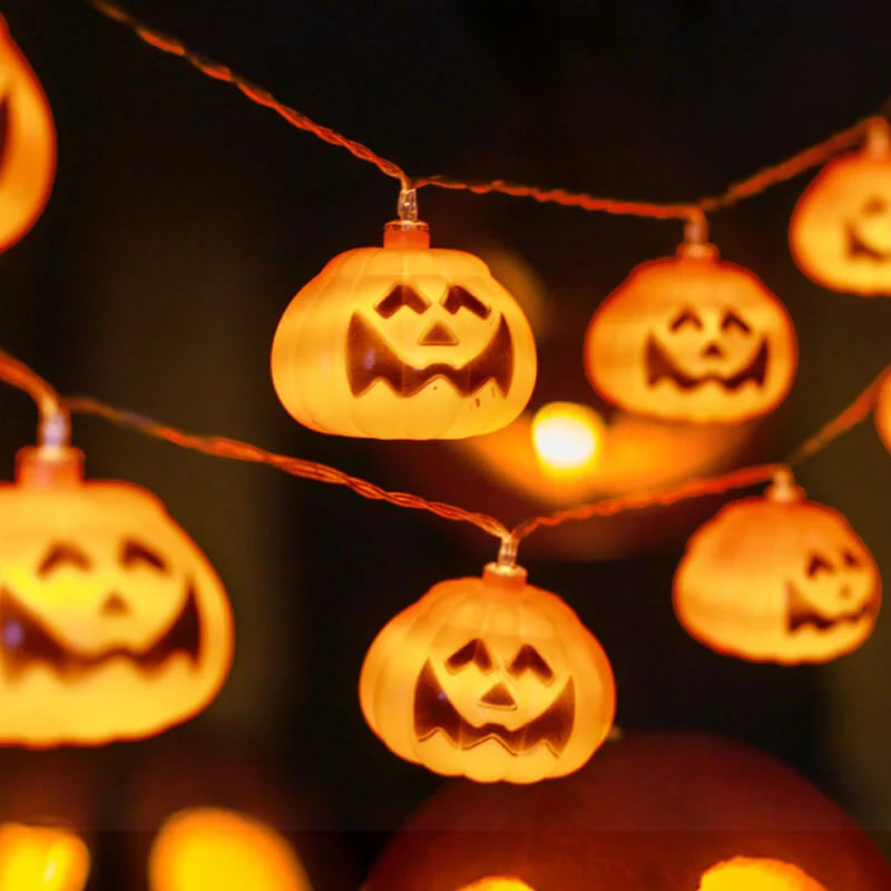 Halloween String Lights Carved Pumpkin Shades Warm Yellow LED Glow