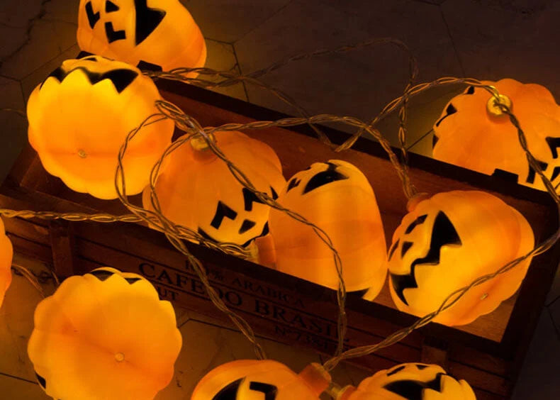Halloween String Lights Carved Pumpkin Shades Warm Yellow LED Glow