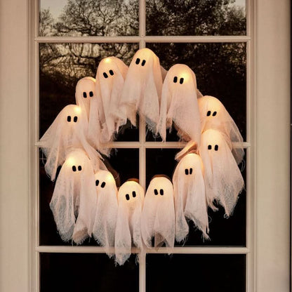 Halloween Wreath 12 LED Ghosts Battery-Operated Indoor & Outdoor