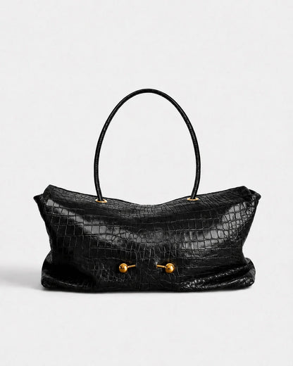 Handbag Crocodile-Embossed Leather Spacious Interior Gold-Tone Hardware