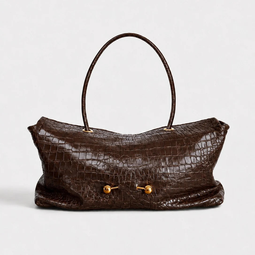 Handbag Crocodile-Embossed Leather Spacious Interior Gold-Tone Hardware
