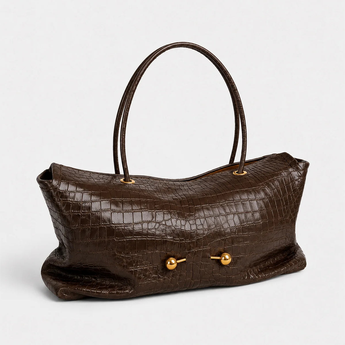 Handbag Crocodile-Embossed Leather Spacious Interior Gold-Tone Hardware