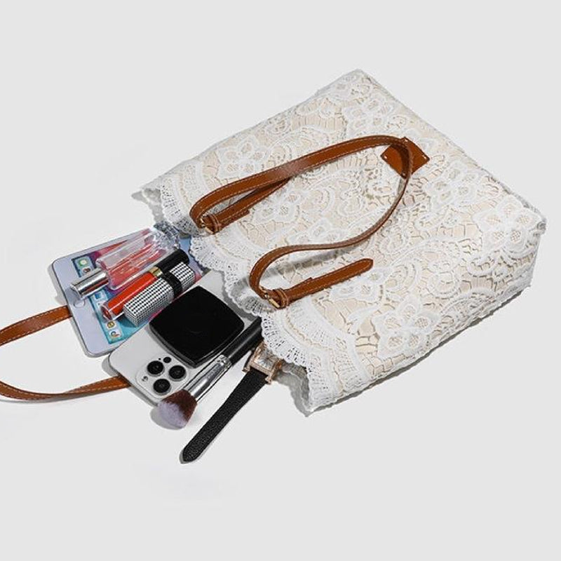 Handbag Lace Design Faux Leather Handles Magnetic Closure