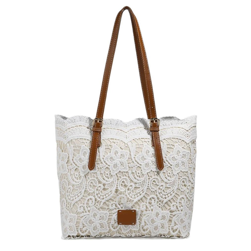 Handbag Lace Design Faux Leather Handles Magnetic Closure