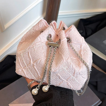 Handbag Satin Drawstring Pearl & Chain Accents