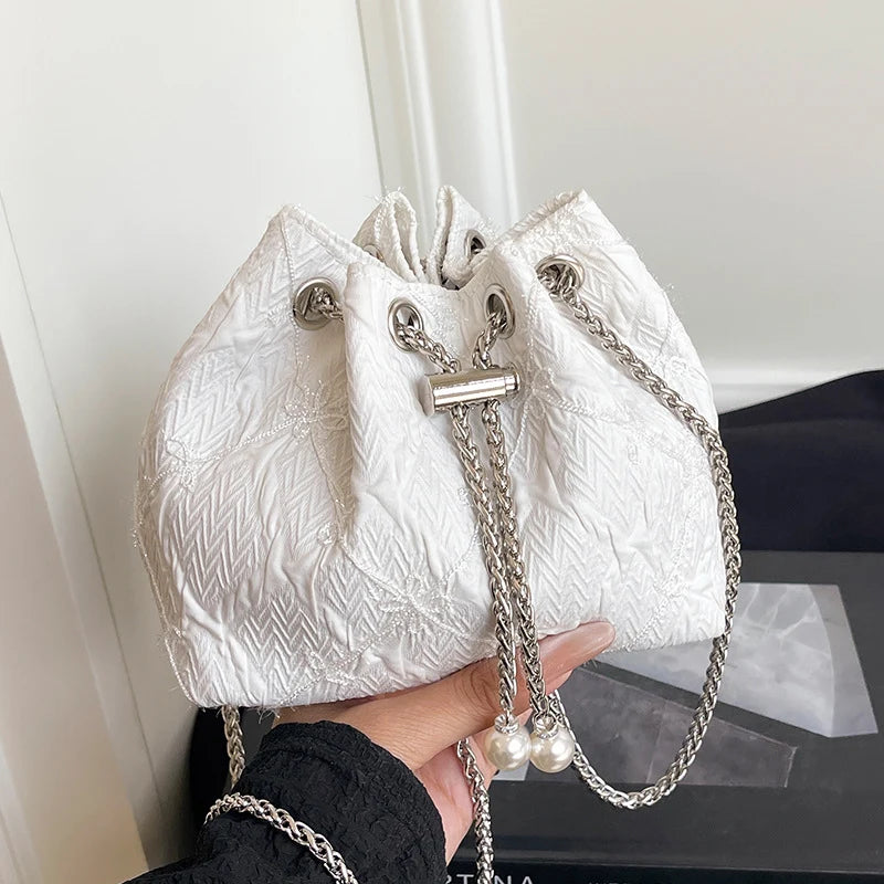Handbag Satin Drawstring Pearl & Chain Accents