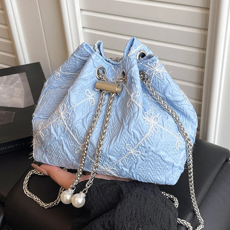 Handbag Satin Drawstring Pearl & Chain Accents