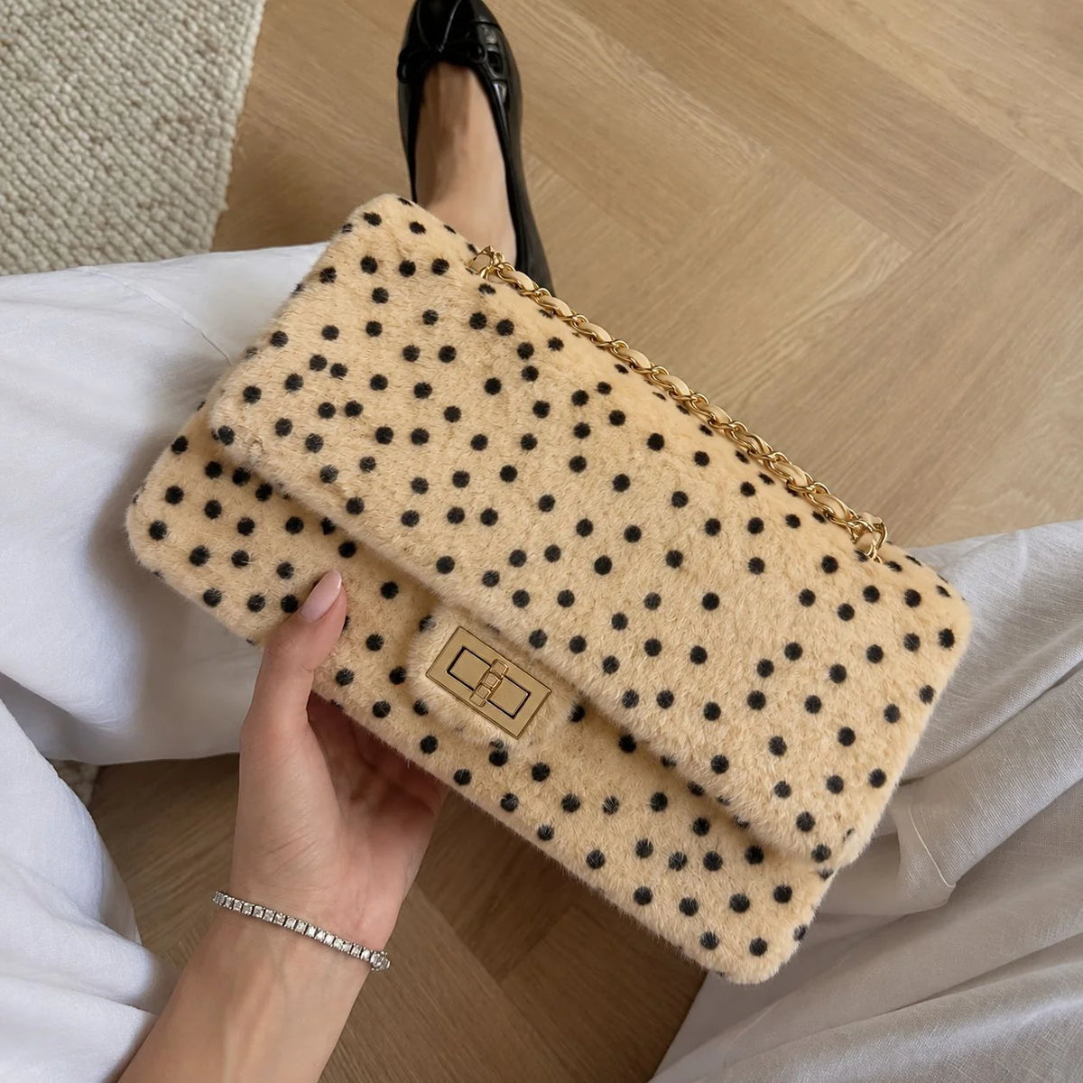 Handbag Textured Gold Chain Handle Spacious Interior