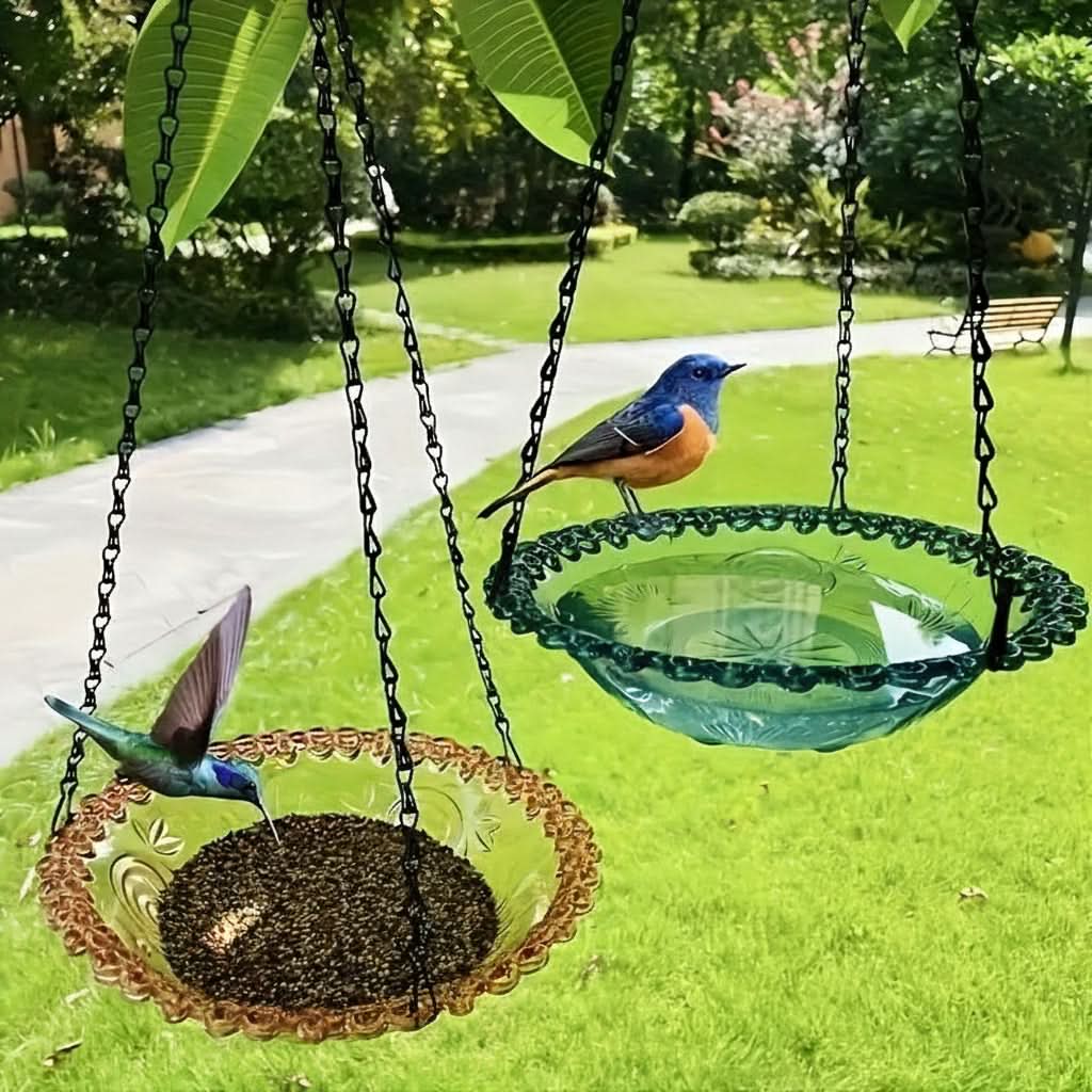 Hanging Bird Feeder Double Bowl Weather-Resistant Polypropylene With Chain