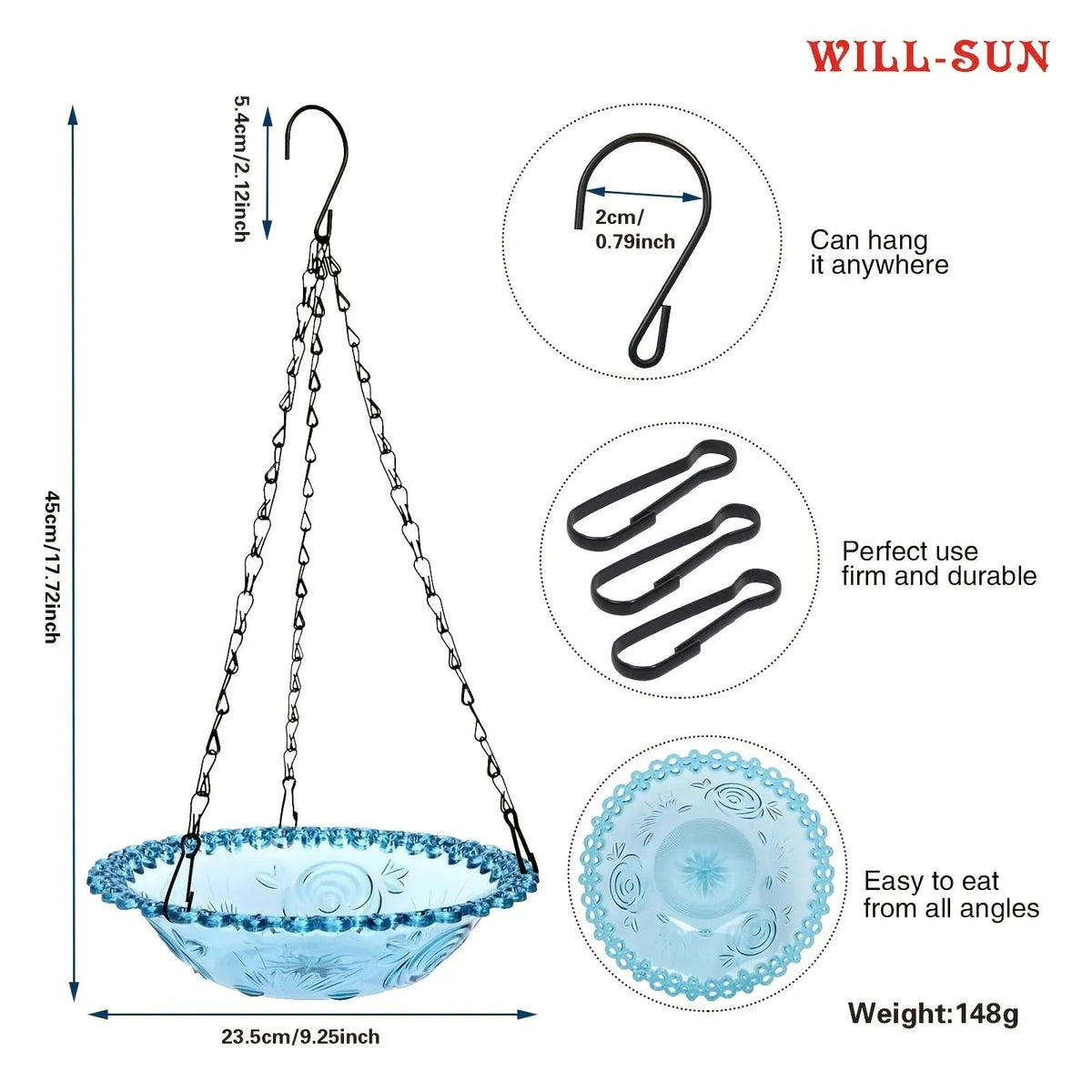 Hanging Bird Feeder Double Bowl Weather-Resistant Polypropylene With Chain