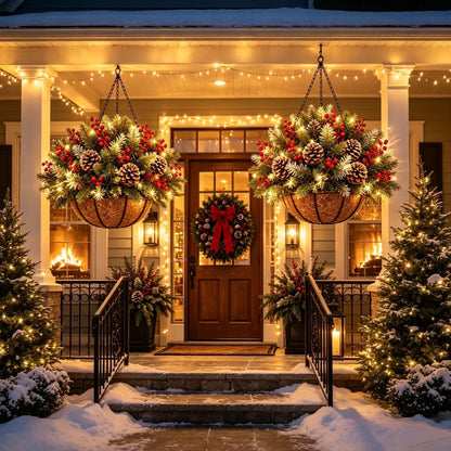 Hanging Christmas Basket Artificial Evergreen Warm White LED Lights Battery-Powered