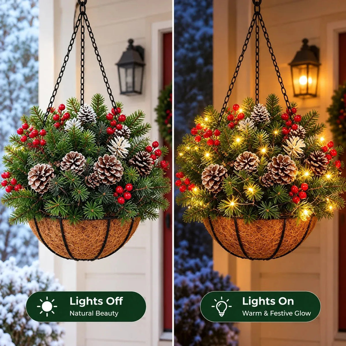 Hanging Christmas Basket Artificial Evergreen Warm White LED Lights Battery-Powered