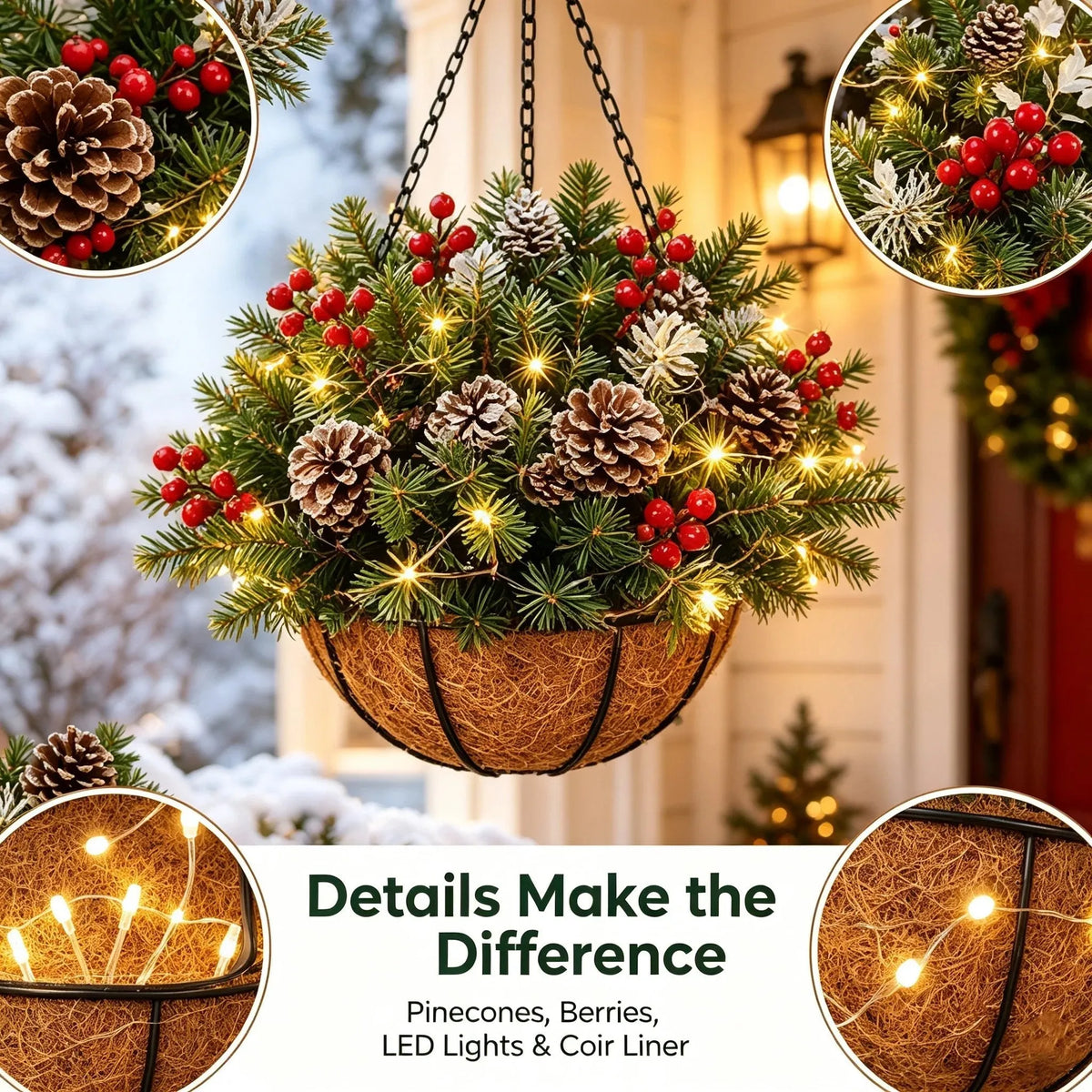 Hanging Christmas Basket Artificial Evergreen Warm White LED Lights Battery-Powered