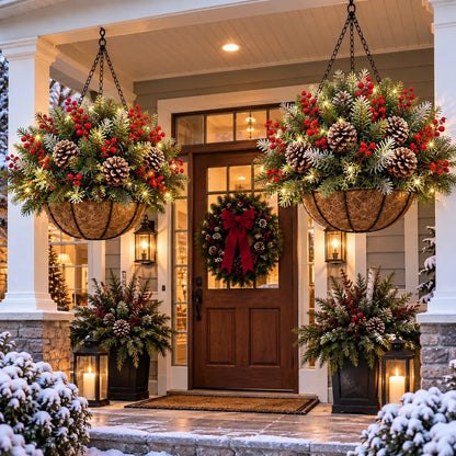 Hanging Christmas Basket Artificial Evergreen Warm White LED Lights Battery-Powered