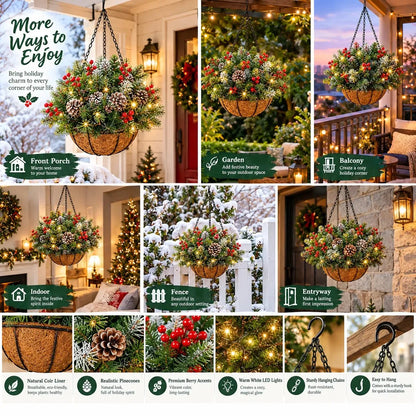 Hanging Christmas Basket Artificial Evergreen Warm White LED Lights Battery-Powered