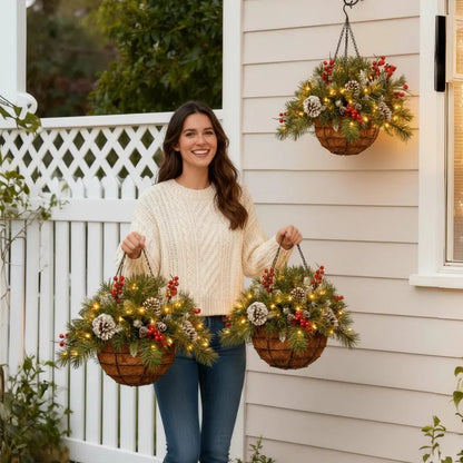 Hanging Christmas Basket Artificial Evergreen Warm White LED Lights Battery-Powered