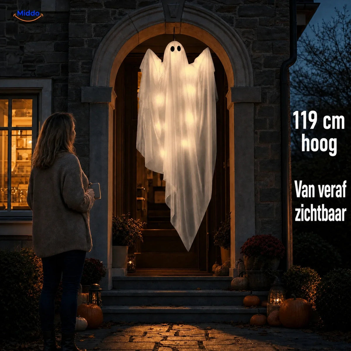 Hanging Ghost Decoration Layered Fabric LED Light Options 46.9 Inch Long