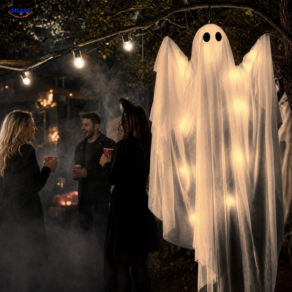 Hanging Ghost Decoration Layered Fabric LED Light Options 46.9 Inch Long