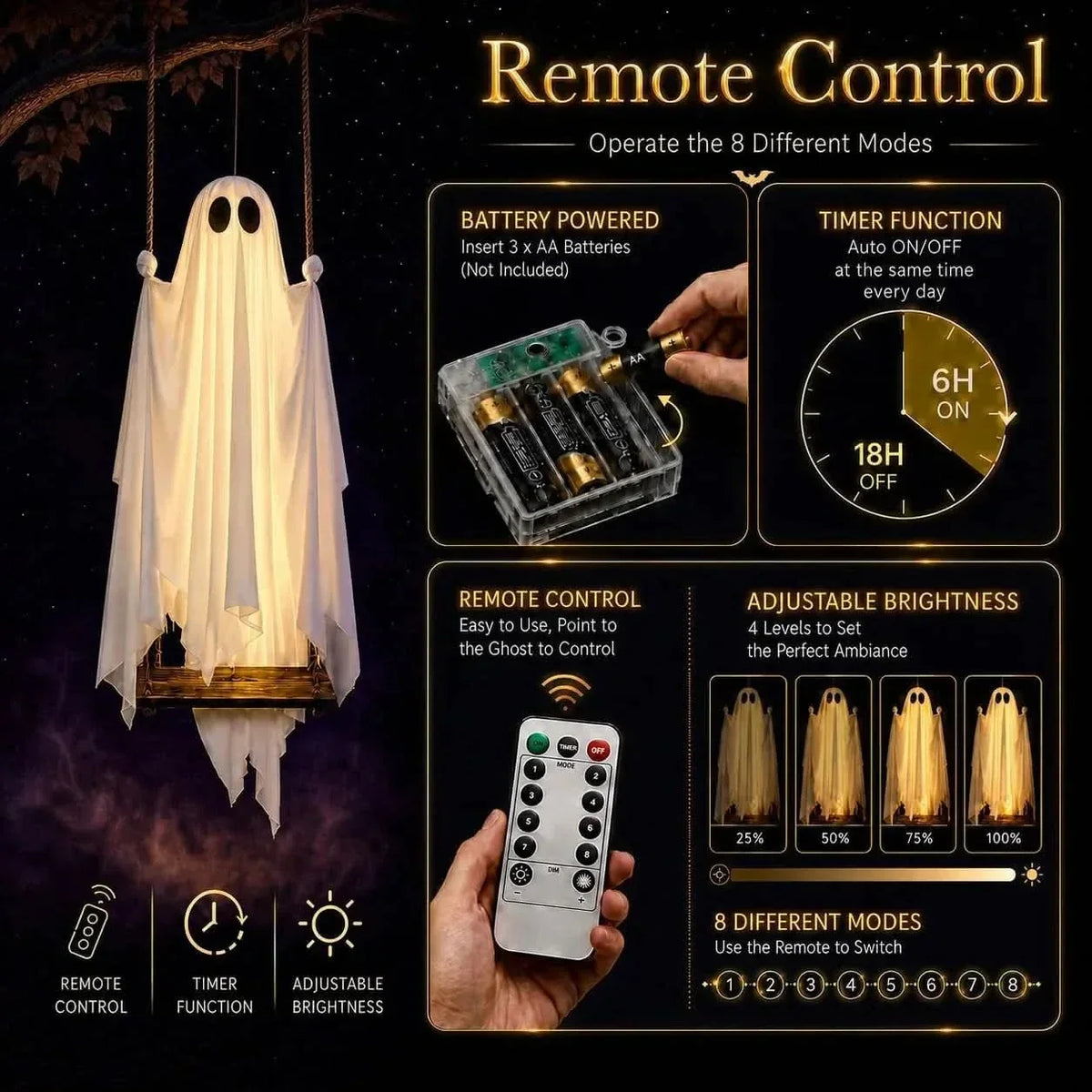 Hanging Ghost Light Pre-Assembled 8-Mode LED Remote-Controlled