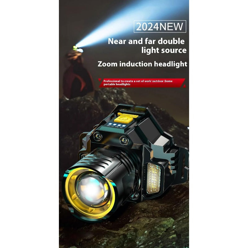 Headlamp Dual-Beam Zoom USB-C Rechargeable Wave Sensor