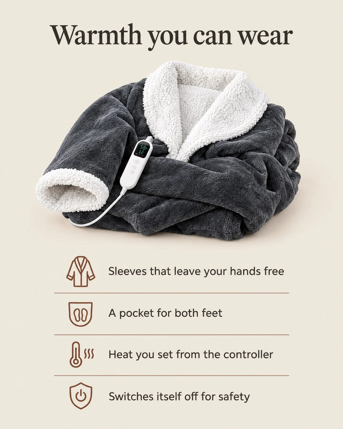 Heated Blanket Robe Full-Length Sleeves Adjustable Heat