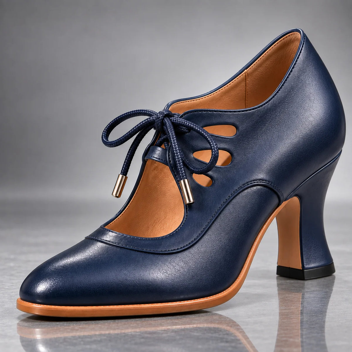 Heels Genuine Leather Lace-Up Vintage Cutout Design