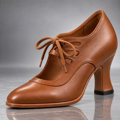 Heels Genuine Leather Lace-Up Vintage Cutout Design