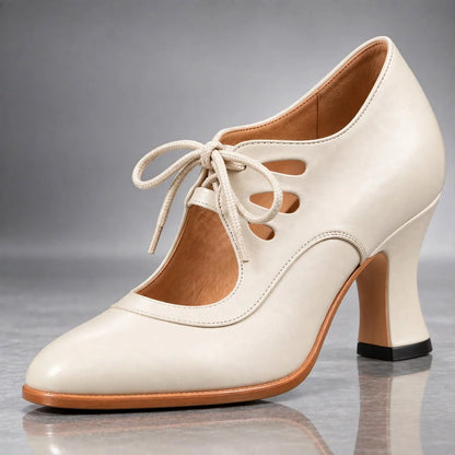 Heels Genuine Leather Lace-Up Vintage Cutout Design
