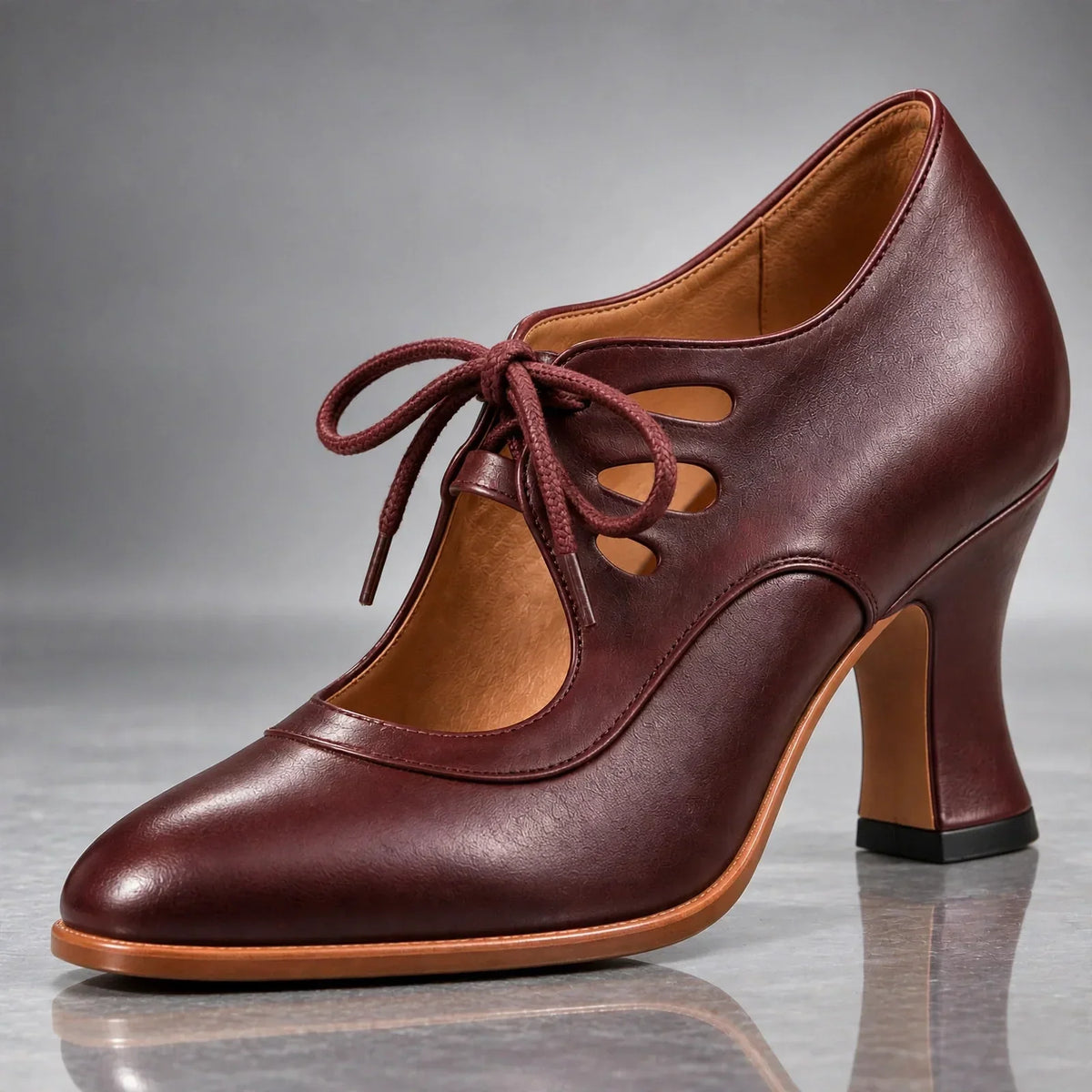 Heels Genuine Leather Lace-Up Vintage Cutout Design
