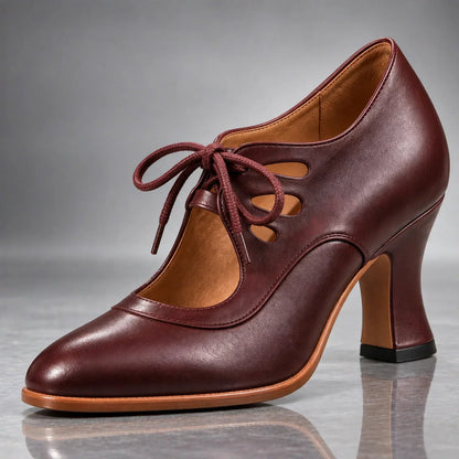 Heels Genuine Leather Lace-Up Vintage Cutout Design