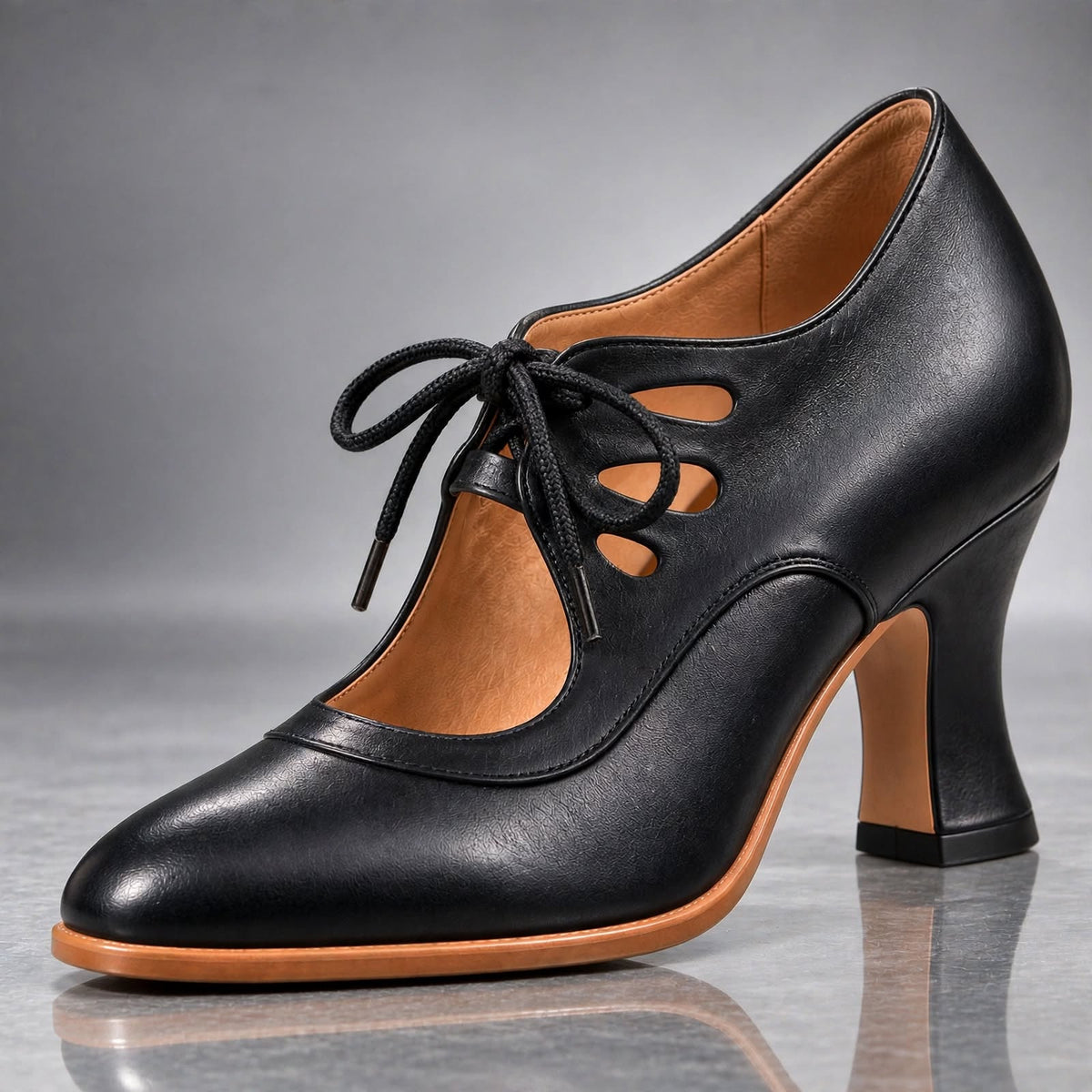 Heels Genuine Leather Lace-Up Vintage Cutout Design