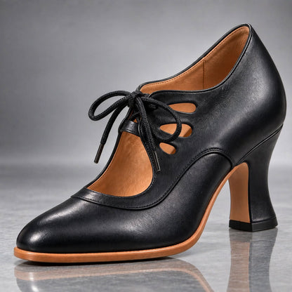 Heels Genuine Leather Lace-Up Vintage Cutout Design