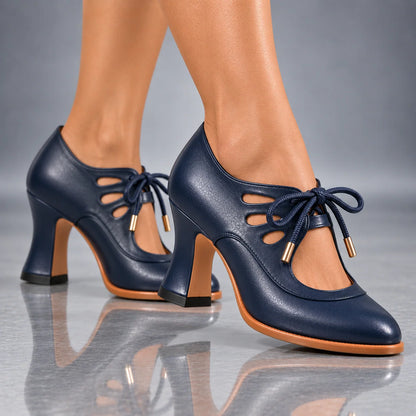 Heels Genuine Leather Lace-Up Vintage Cutout Design