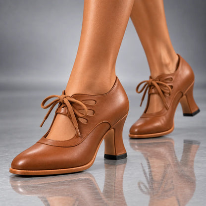 Heels Genuine Leather Lace-Up Vintage Cutout Design