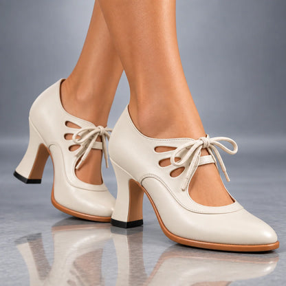 Heels Genuine Leather Lace-Up Vintage Cutout Design