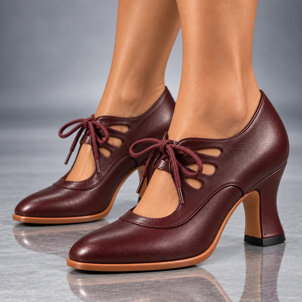 Heels Genuine Leather Lace-Up Vintage Cutout Design